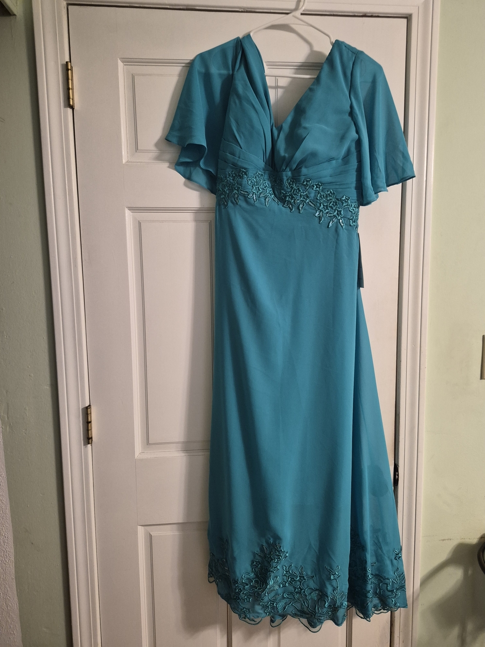 Teal V-Neck Embroidered Corset Back Evening Dress